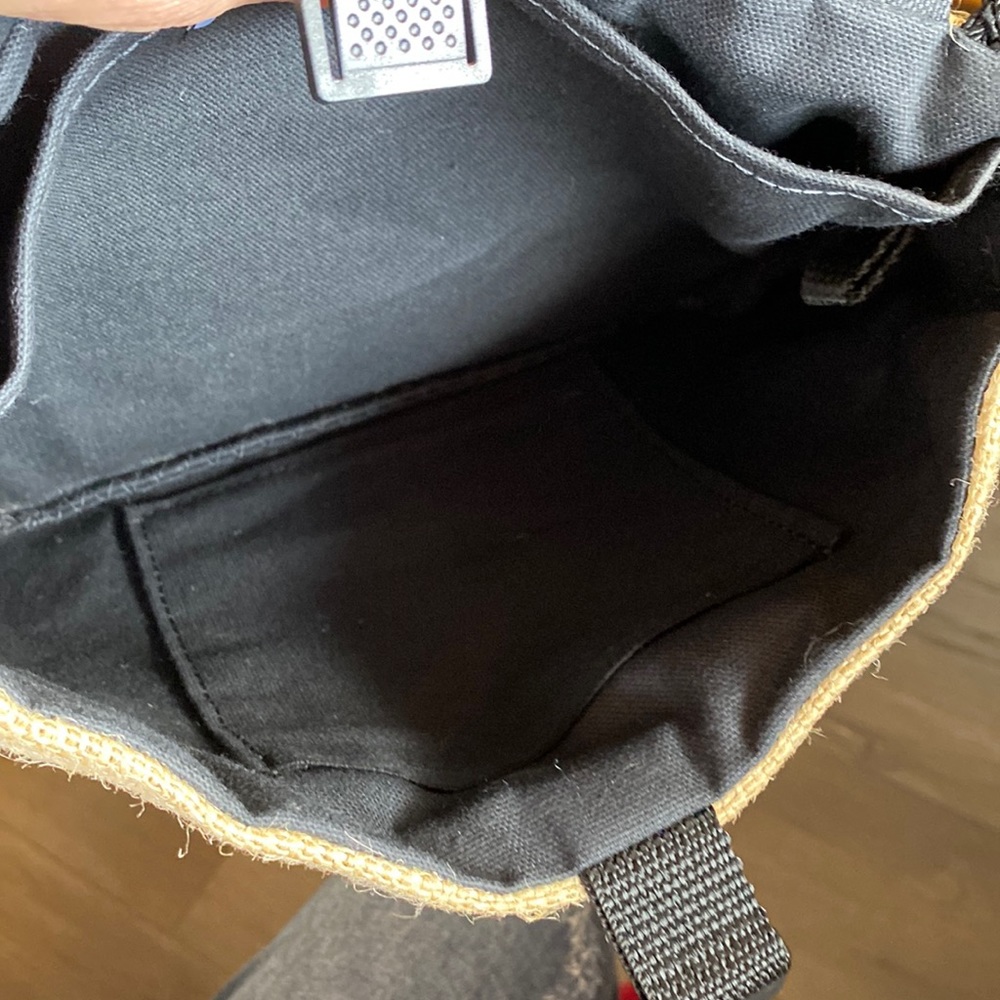 NWOT Clutch Crossbody 46” Braided Strap Burlap and Black Denim Bag Turtle Button - Picture 10 of 16